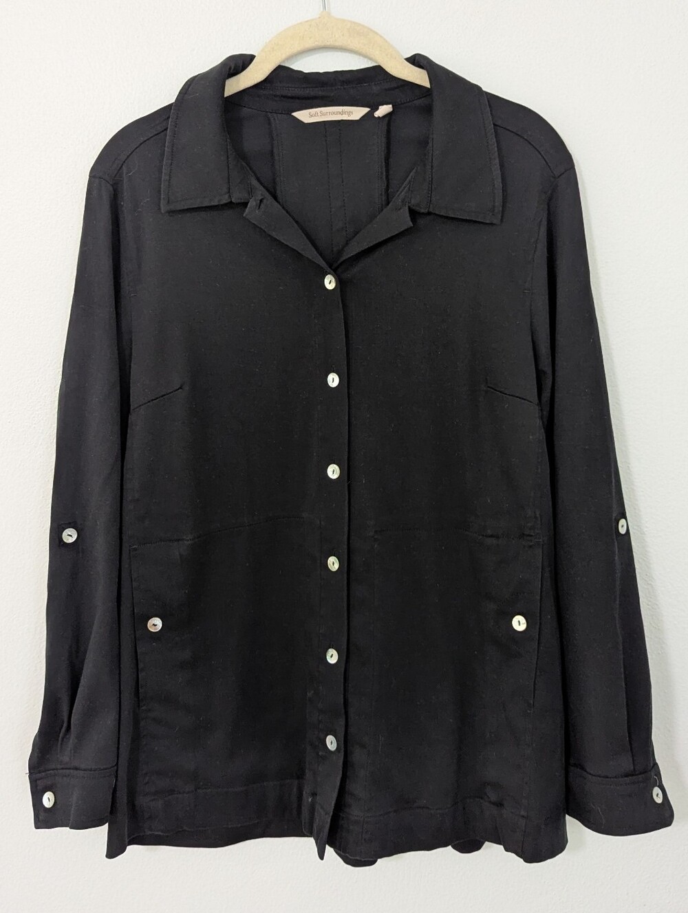 Soft Surroundings Button Front Tencel Shirt Roll Tab Patch Pocket Black Small S